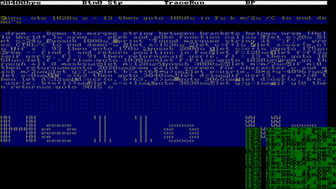 A blue screen is visible, with an ASCII image of the text "Hello World" is displayed.