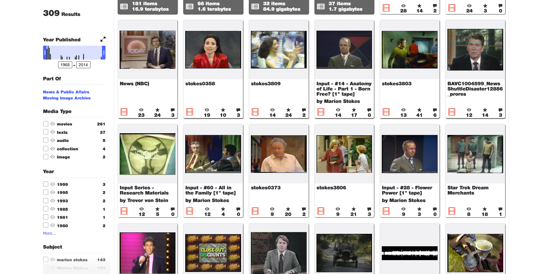 A screen capture of the Marion Stokes video collection on the Internet Archive.