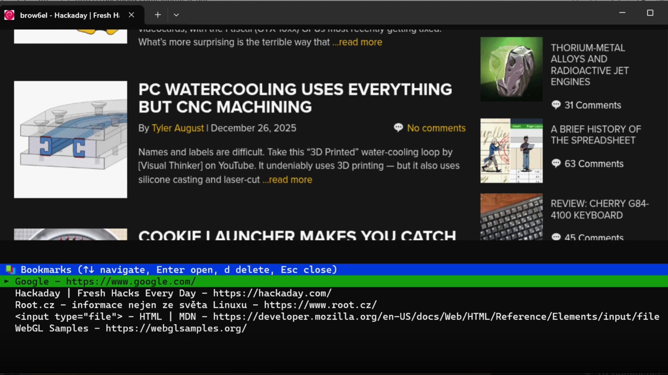 A tab-based terminal window is shown, with the label “brow6l – Hackaday.” The Hackaday website is visible in the upper part of the terminal screen, and in the lower part is a text display containing information about the website and interface information.