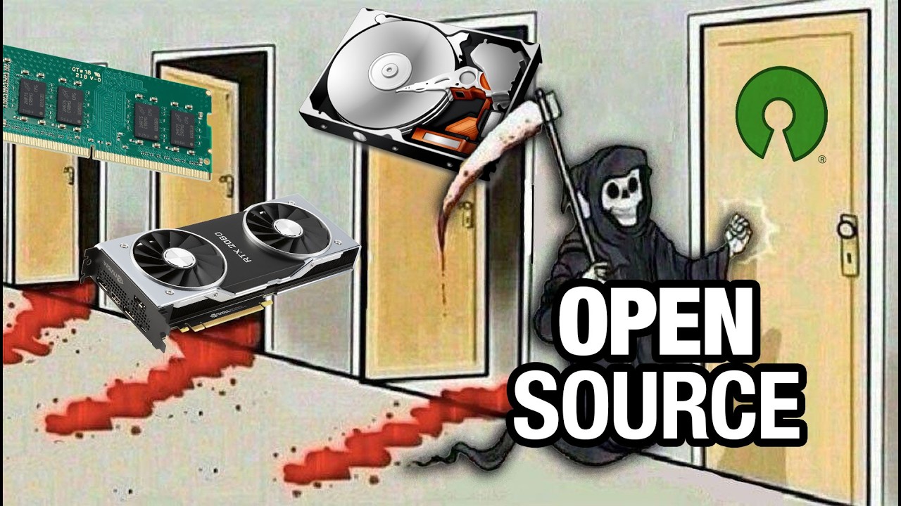 A grim reaper knocking on a door labelled "open source"