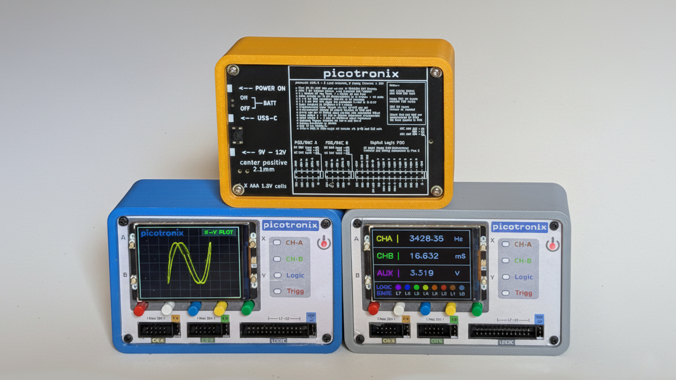 A set of three stacked oscilloscopes is shown. The lower two oscilloscopes have screens and input pins visible, and the top oscilloscope is reversed, with a printed back plate visible.