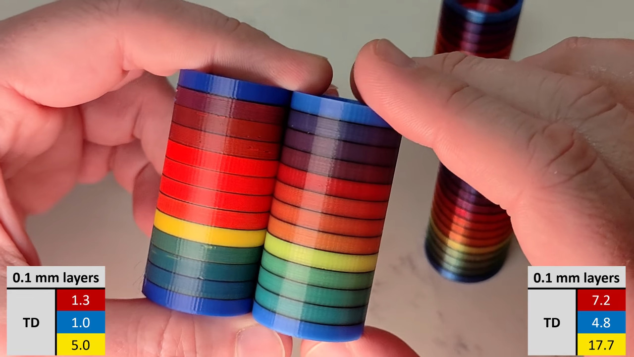 Two test towers, showing the palette potential of three (R, B, Y) filaments.