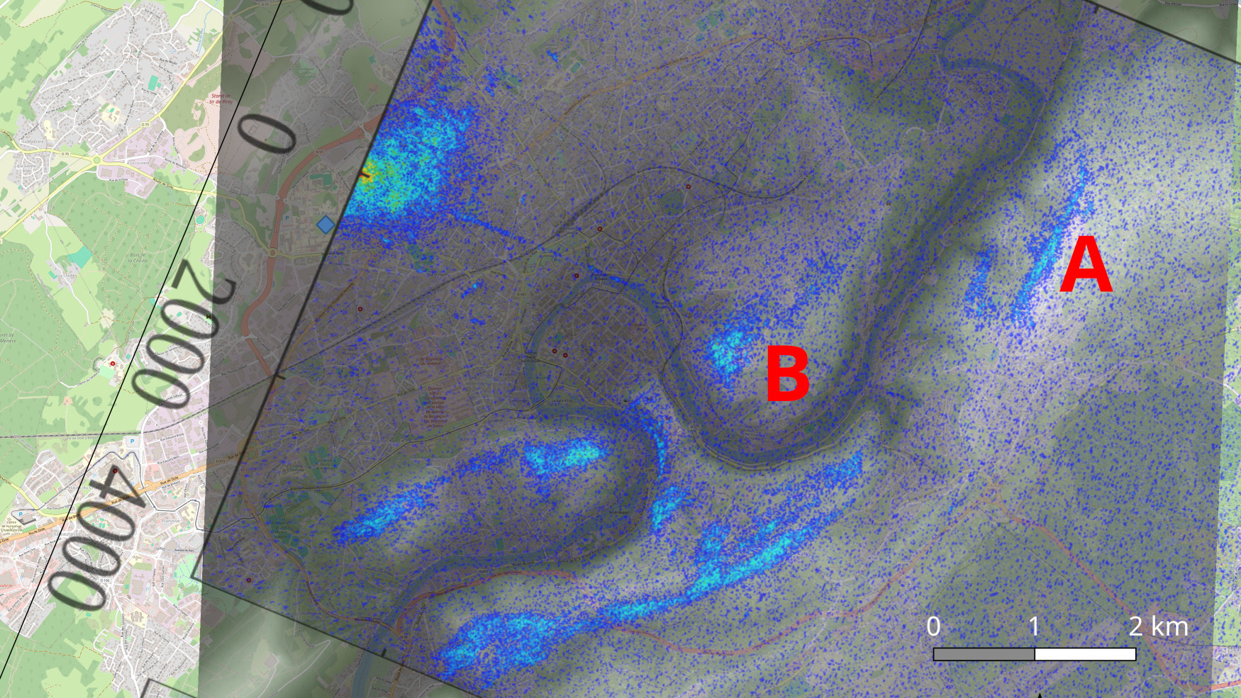 An overlay is shown on a topographical map. High points are highlighted in blue. The letters "A" and "B" are shown in red text at two points.