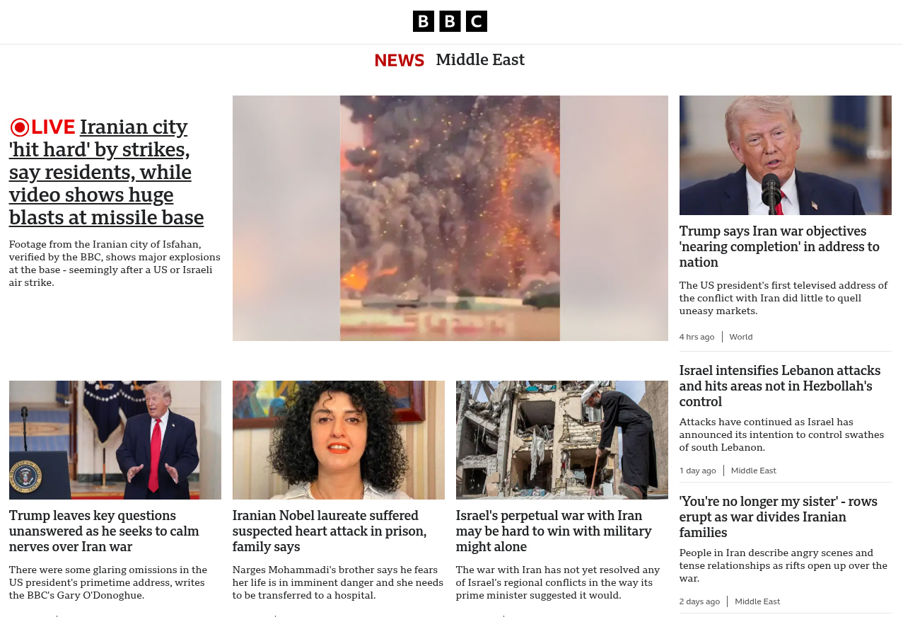 A screen grab of the BBC News webside on April 2nd 2026, showing news from the war in the Persian Gulf.