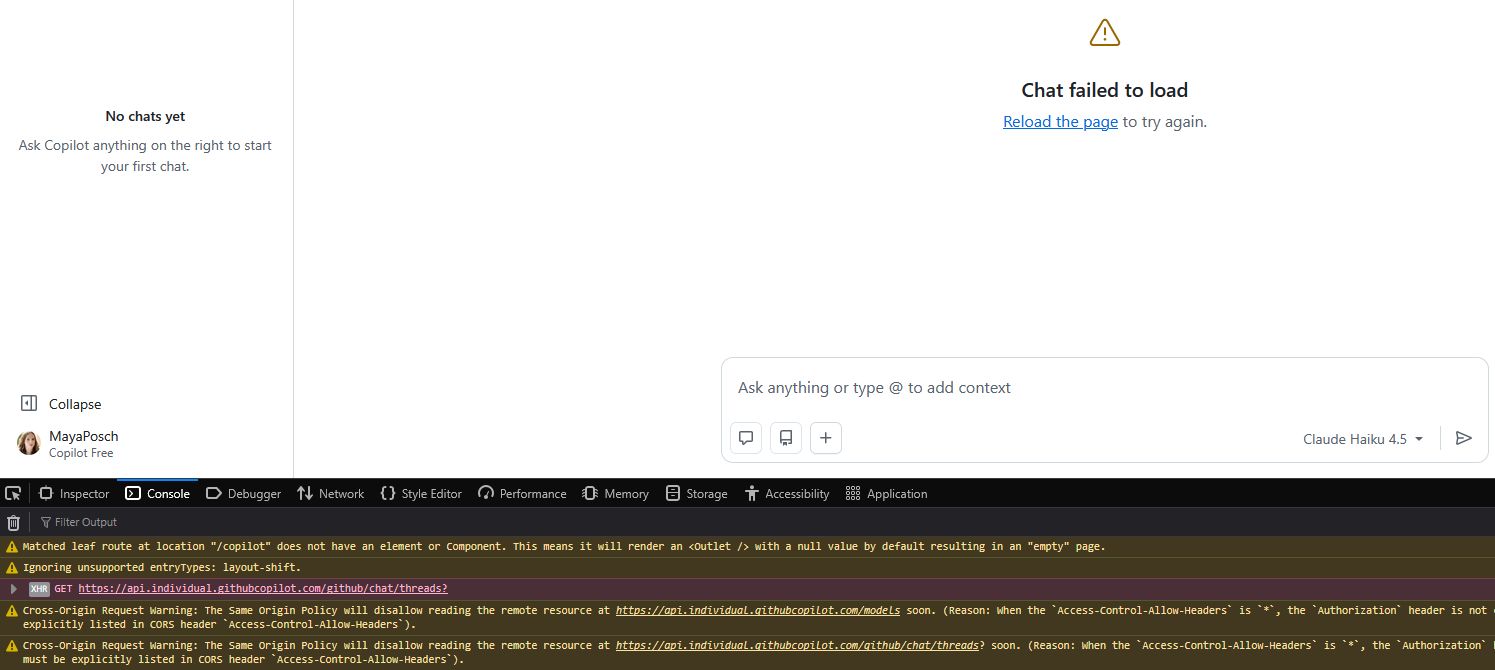 GitHub Copilot chat failed to load, with browser console open. (Credit: Maya Posch)