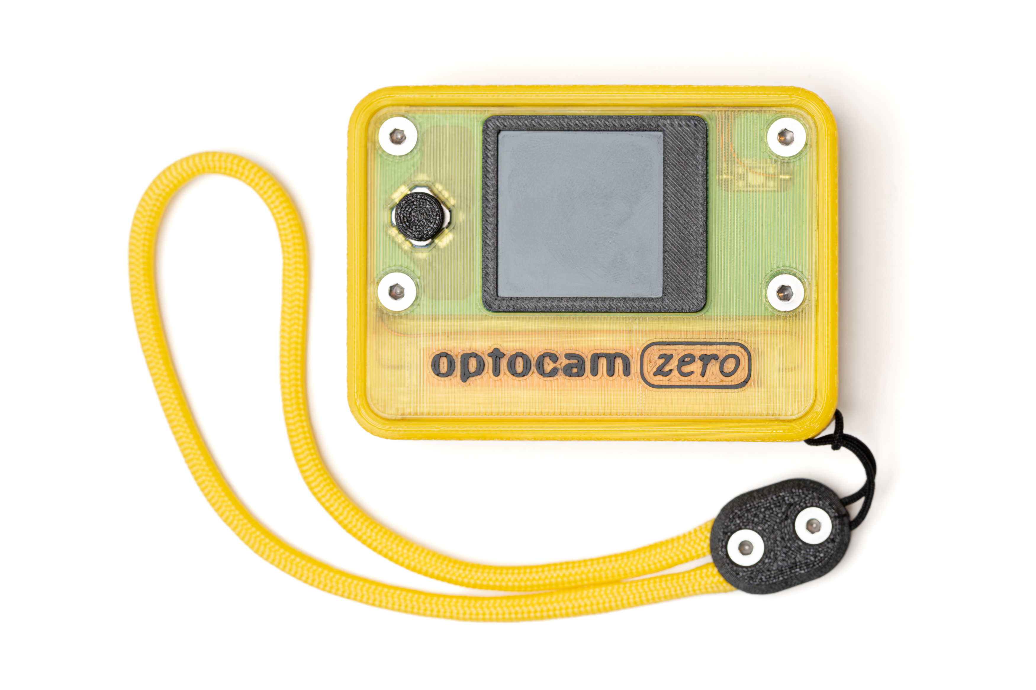 A Raspberry Pi Zero-based camera in a nice yellow case. There's a yellow lanyard, too.
