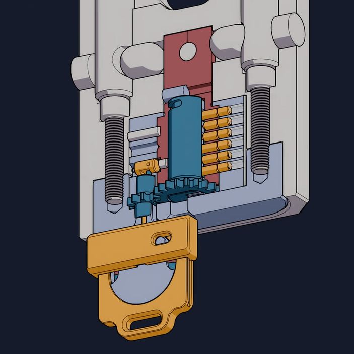 3D cutaway of the lock with the handle engaging the cog that rotates the mechanism. (Credit: Works By Design, YouTube)