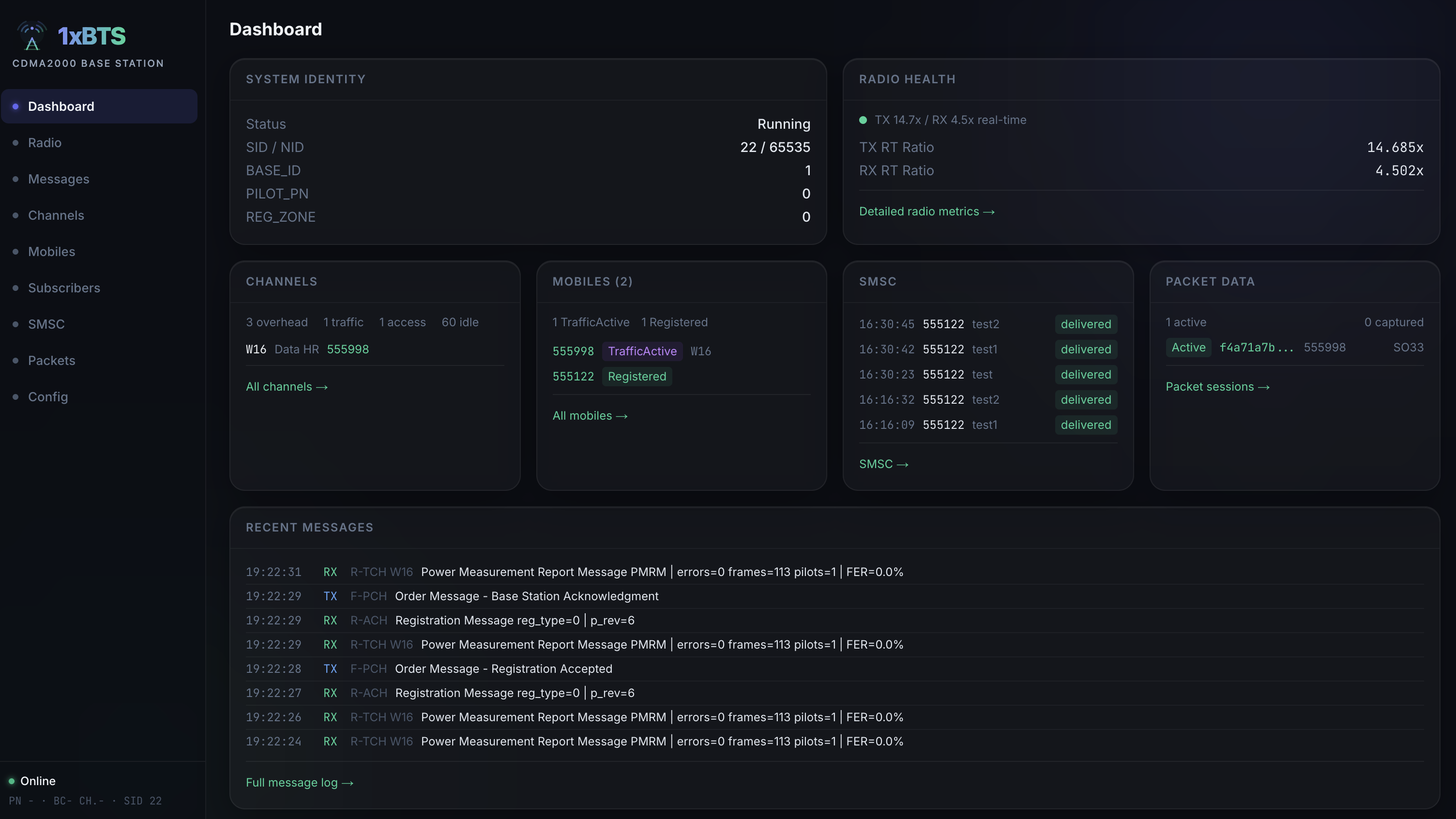 A web interface is shown providing information about a cellular network base station.