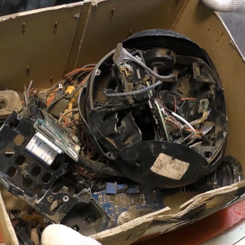 The remains of a gimbal camera after its drone was shot down. (Credit: Le labo de Michel, YouTube)